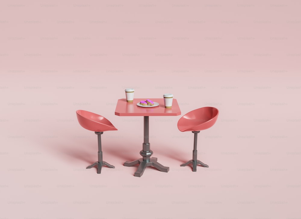 coffee table with donuts and two stools on minimal background. concept of dating, friends and meetings. 3d rendering