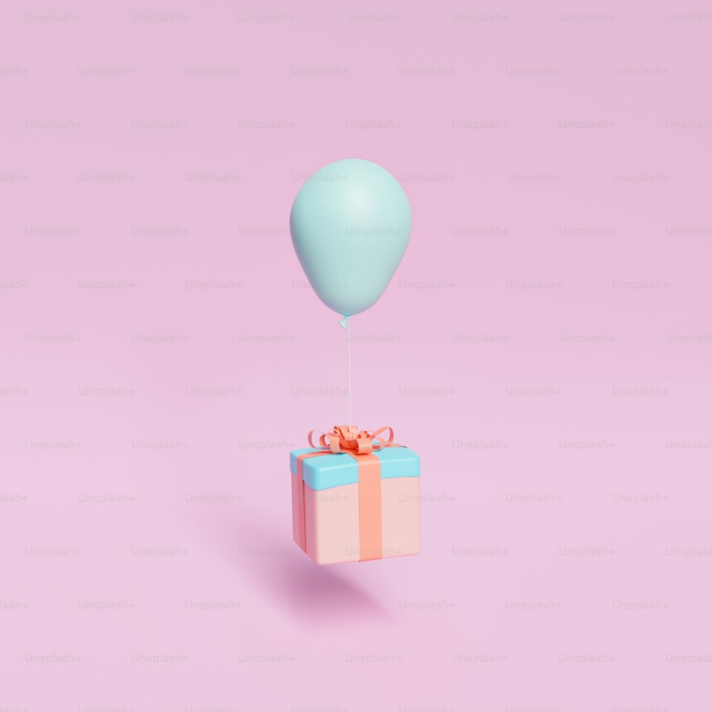 Geschenk schwimmt mit einem Ballon gebunden. 3D-Rendering