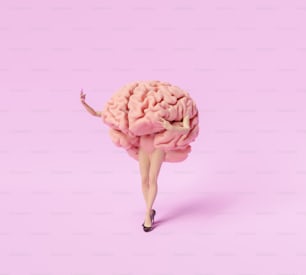 양식화된 여성의 다리와 발뒤꿈치가 셀카를 찍고 있는 뇌. 매력적인 지능의 미니멀리즘 개념. 3D 렌더링