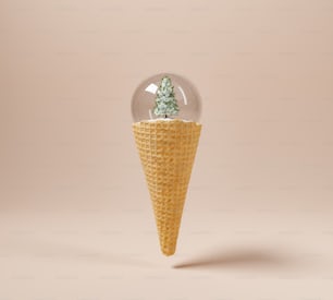 cookie ice cream cone with Christmas ball and tree inside. 3d rendering