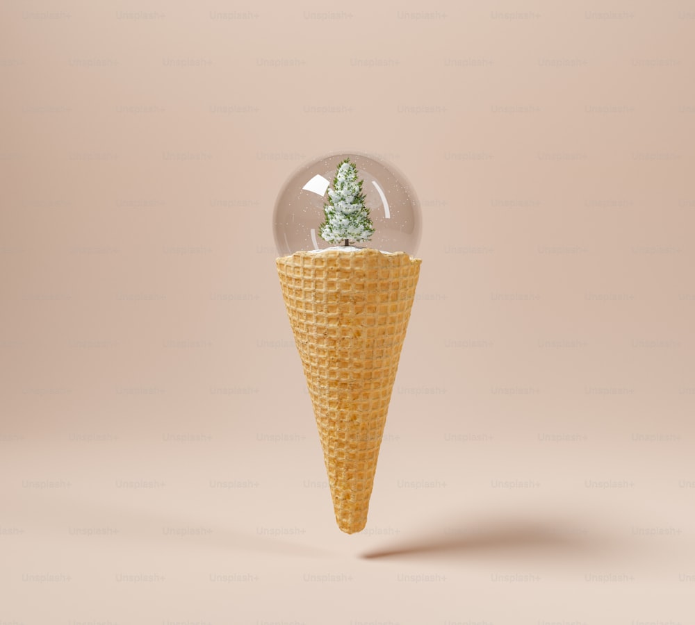 cookie ice cream cone with Christmas ball and tree inside. 3d rendering