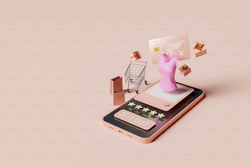 Mobile avec boutique en ligne 3D avec cadeaux et carte de crédit flottante. Achat en ligne et concept de paiement. Rendu 3D