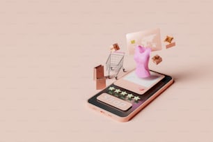 Móvil con tienda online 3D con regalos y tarjeta de crédito flotante. Concepto de compra y pago online. Renderizado 3D