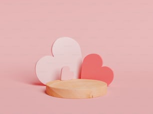 Cilindro de madera con corazones en la parte posterior para la muestra del producto. San Valentín, regalo, belleza y concepto de amor. Renderizado 3D