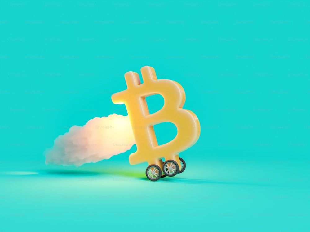 Bitcoin symbol driven with wheels and smoke trail behind. concept of take-off, success and future. 3d rendering