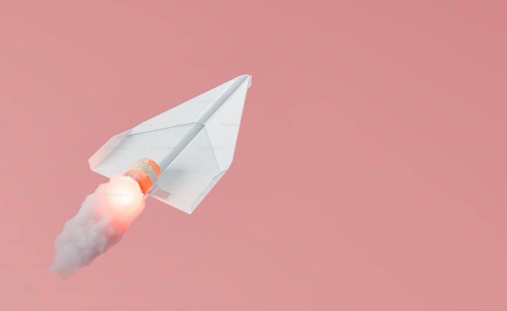 赤い背景にプロペラが発砲する紙飛行機。スタートアップと教育のコンセプト。3Dレンダリング