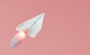 Aeroplano di carta con elica che rilascia fuoco su sfondo rosso. Concetto di startup e formazione. Rendering 3D