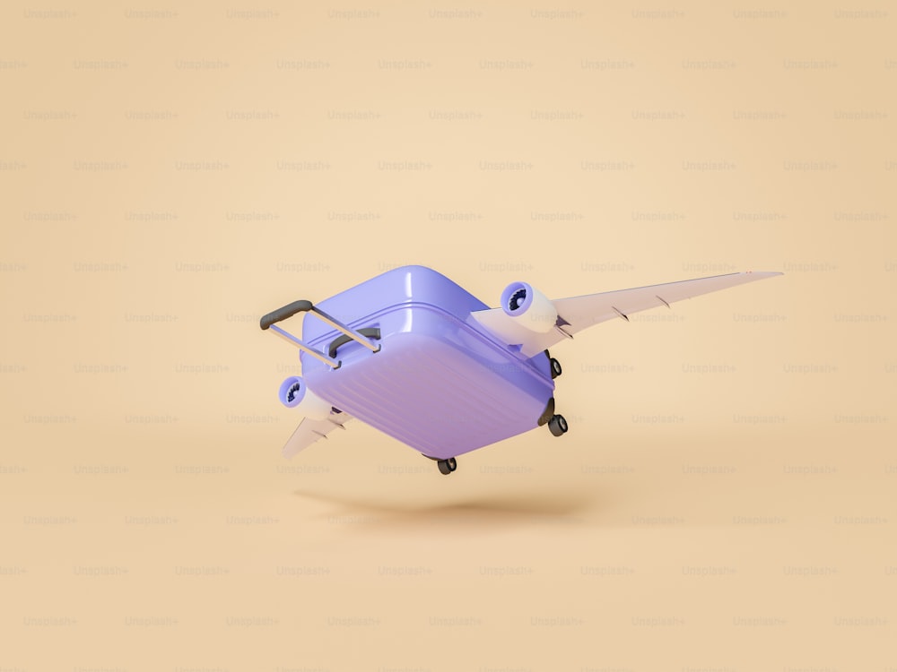 valigia da viaggio con ali di aeroplano su sfondo minimalista. concetto di viaggio, estate, volo, passeggero e compagnia aerea. Rendering 3D