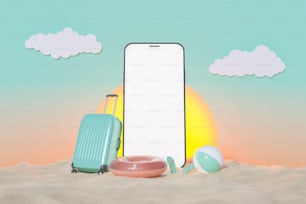 Mockup di telefono cellulare con valigia e accessori da spiaggia sulla sabbia della spiaggia con tramonto artificiale dietro. Rendering 3D