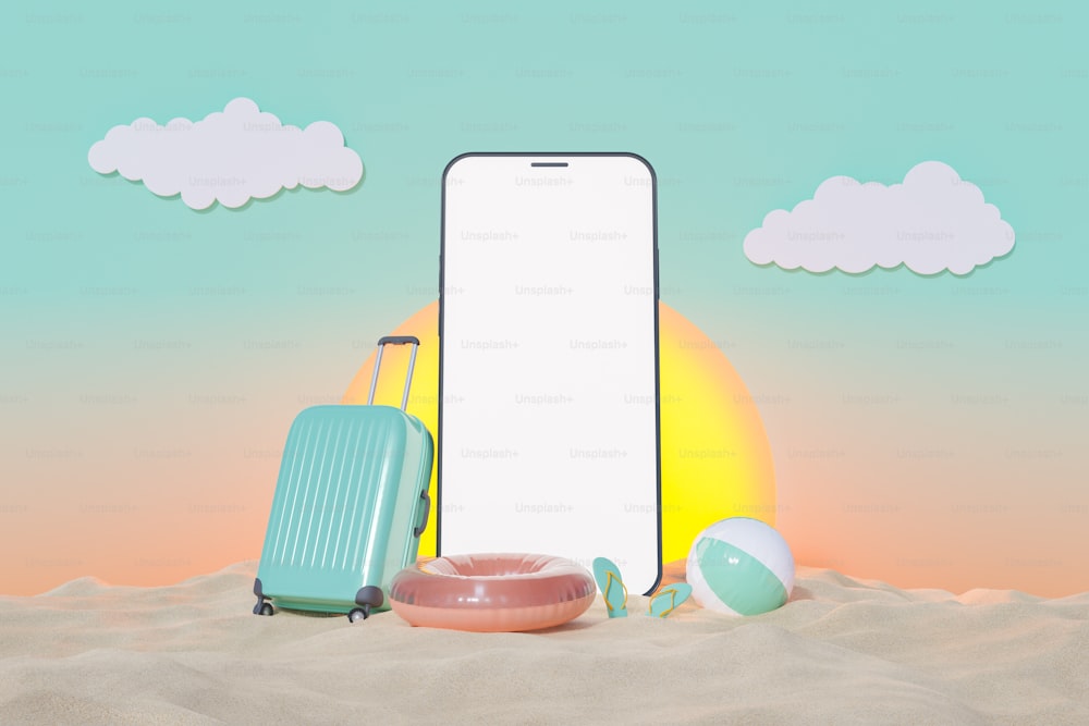 Mockup von Handy mit Koffer und Strandzubehör auf Strandsand mit künstlichem Sonnenuntergang dahinter. 3D-Rendering