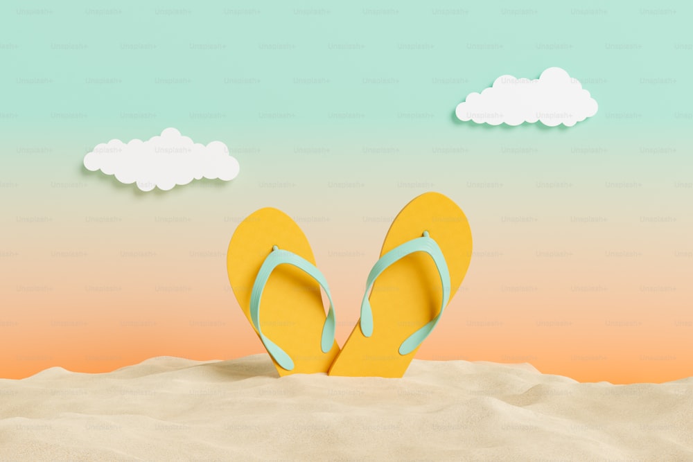 chinelos na areia da praia com fundo de estúdio ao pôr do sol e nuvens artificiais. conceito de verão. Renderização 3D