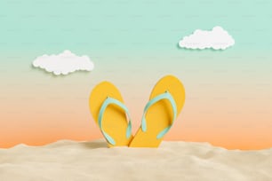 flip flops on beach sand with sunset studio background and artificial clouds. summer concept. 3d rendering