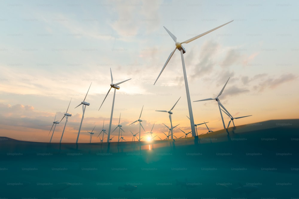Von unten von Windmühlen, die am Sommerabend auf einem Feld in der Nähe des blauen Meeres platziert sind und das Konzept der erneuerbaren Energiequelle zeigen. 3D-Rendering