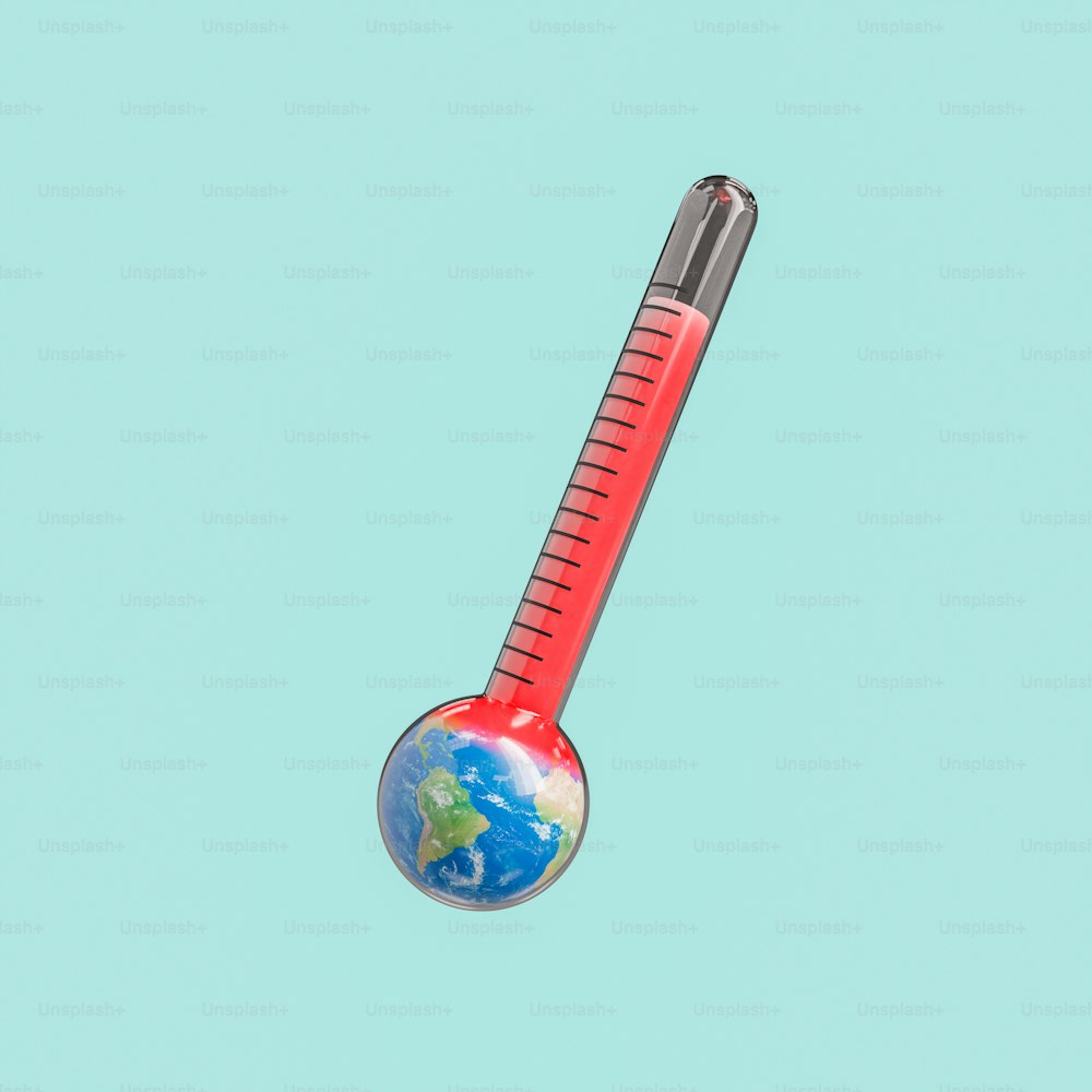 Glass thermometer with red hot maximum temperature on round planet Earth representing global warming problem against light background in studio. 3d rendering. Map provided by NASA: https://visibleearth.nasa.gov/images/73909/december-blue-marble-next-generation-w-topography-and-bathymetry. Illustration made with Blender 3D