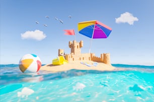 Renderização 3d de um castelo de areia em uma pequena ilha no meio do oceano com brinquedos de praia e vista do fundo do mar