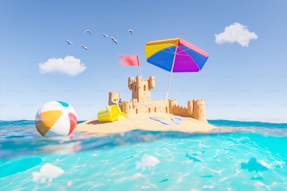 Rendu 3D d’un château de sable sur une petite île au milieu de l’océan avec des jouets de plage et vue sur les fonds marins