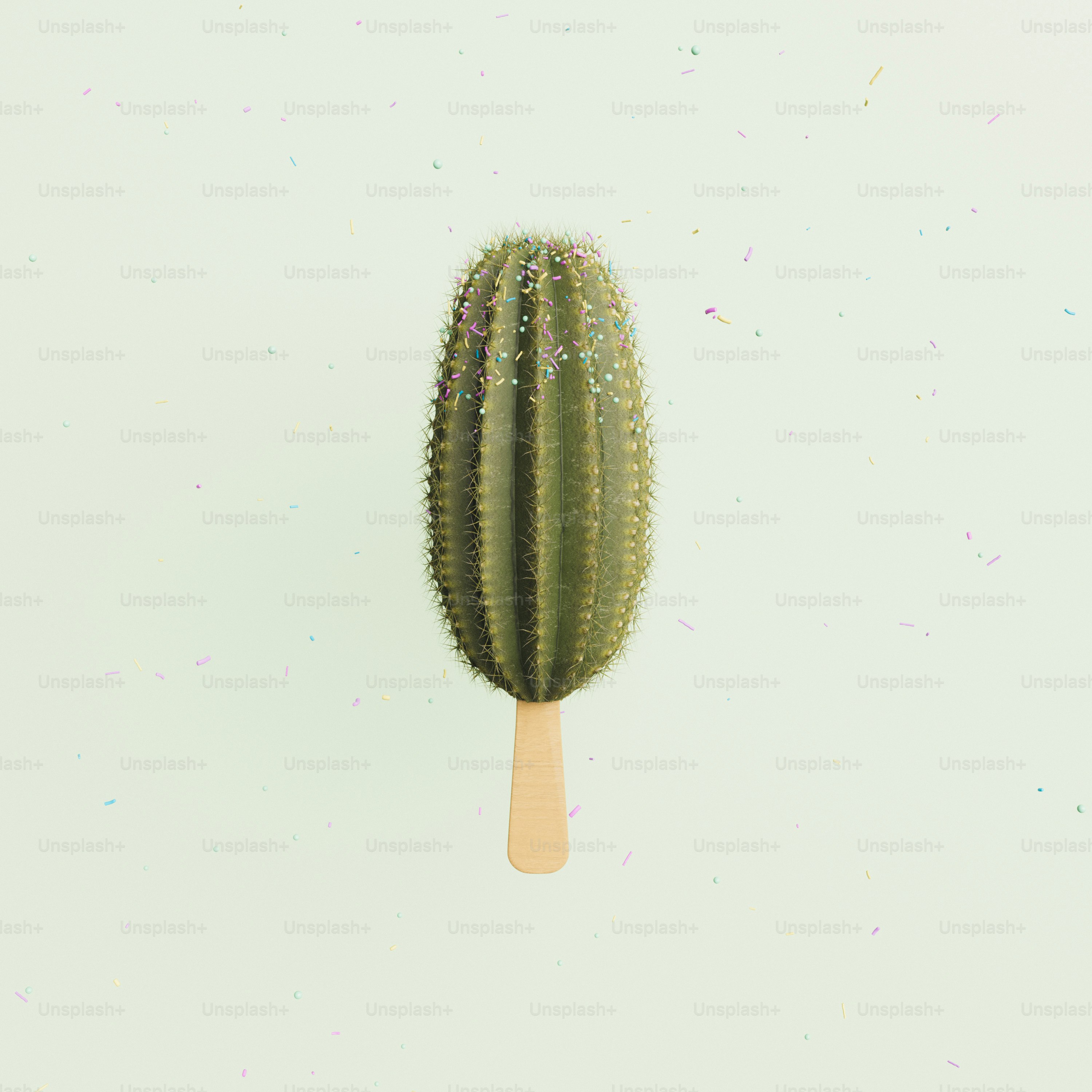 cactus ice cream with falling colorful confetti. minimalistic scene. 3d render
