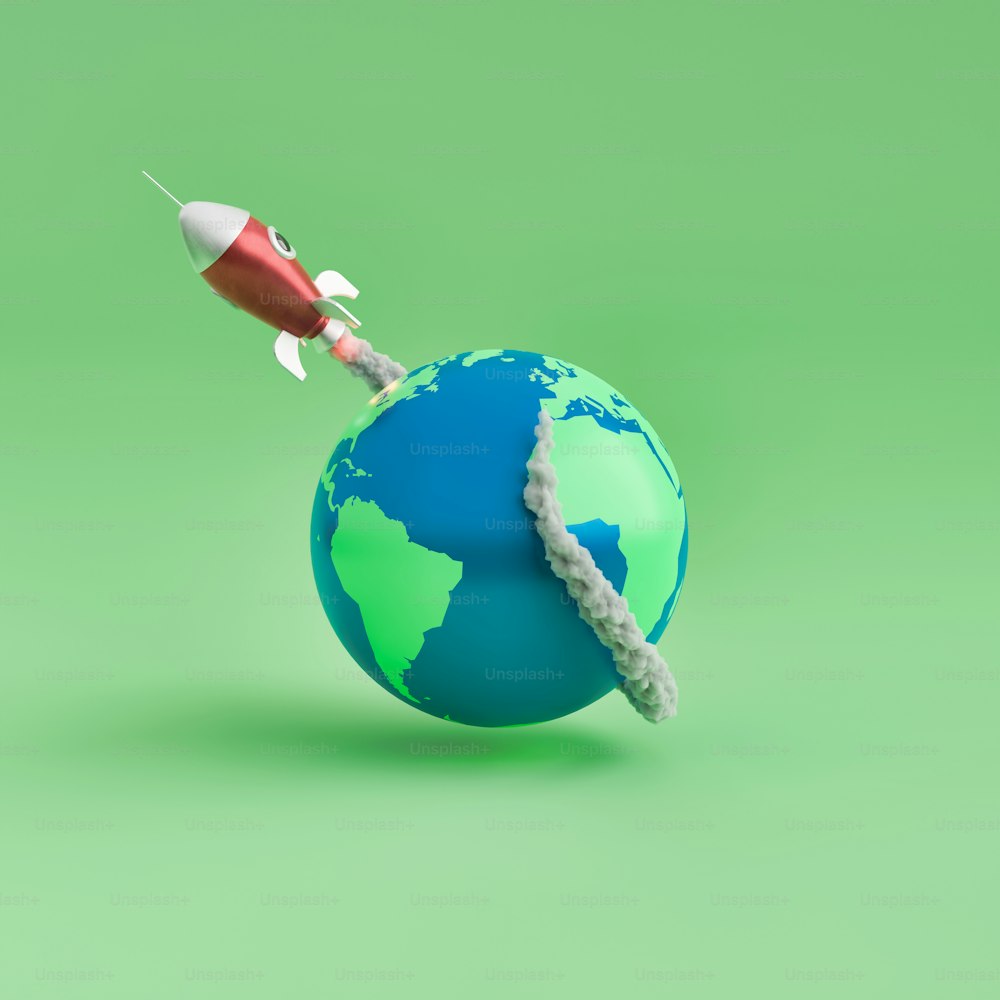 Rocket flying over the world with a trail of smoke around it. Minimalistic concept of travel, exploration and space. 3D rendering