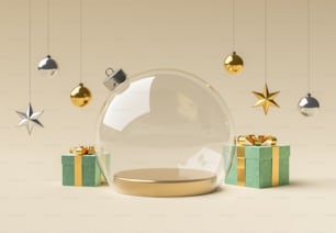 empty crystal christmas ball with ornaments and gifts around. product display, stage, cylinder. 3d render