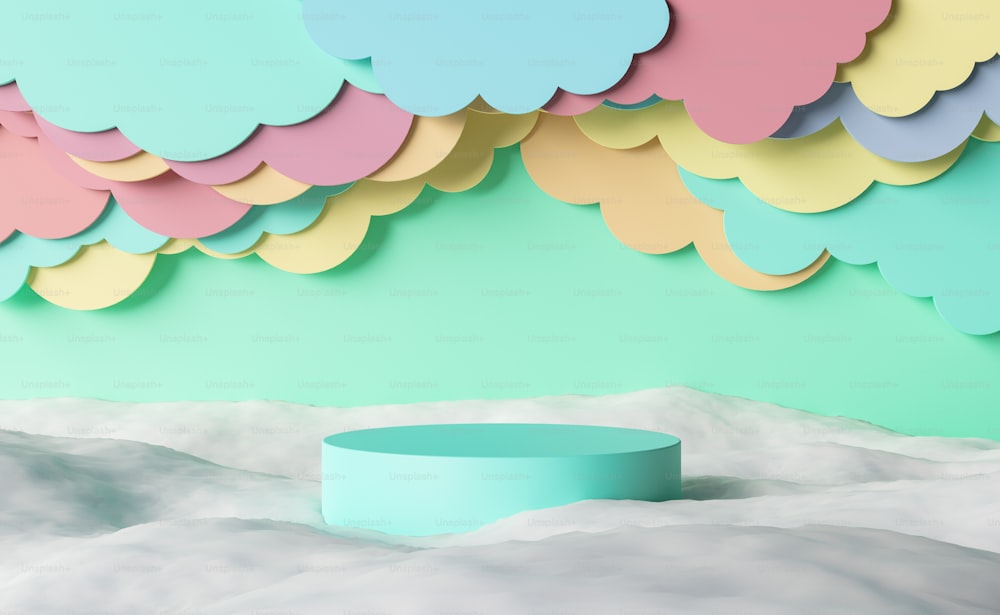 Ständer für Produktpräsentation auf Baumwollboden mit pastellfarbenem flachem Wolkenhintergrund. Hintergrund der Kinder. 3D-Rendering