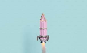 Cohete hecho a mano con lápices, despegando y disparando fuego. Renderizado 3D