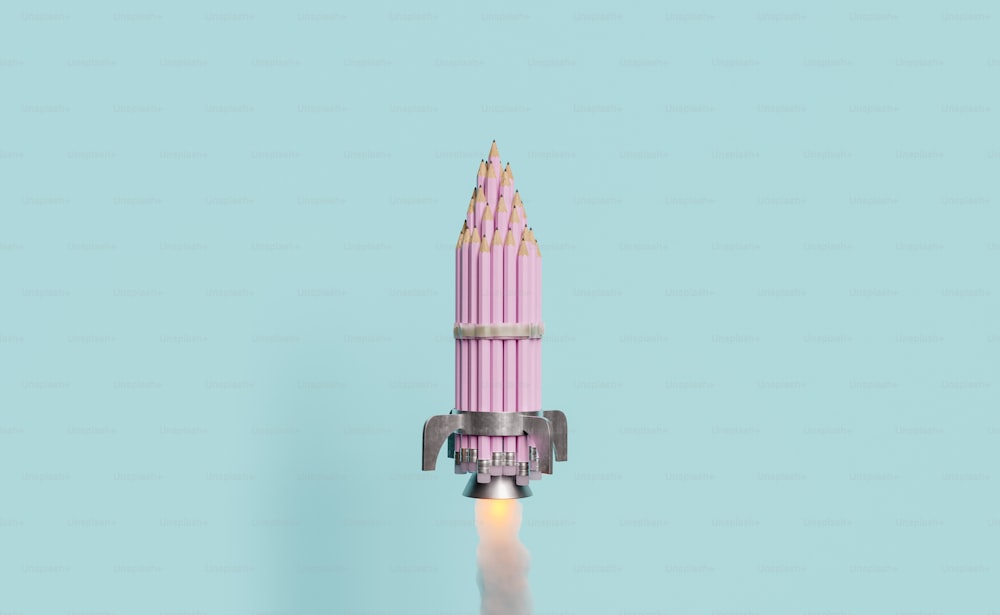 Fusée faite à la main avec des crayons, décollant et tirant du feu. Rendu 3D