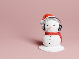 Pupazzo di neve con cuffie e cappello di Babbo Natale. Rendering 3D