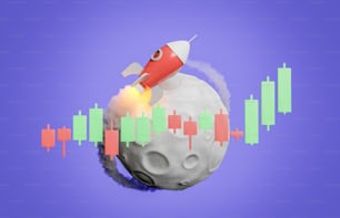 Rakete auf dem Mond mit einer aufsteigenden Karte davor. Anlagekonzept, Handel und Kryptowährungen. zum Mond. 3D-Rendering
