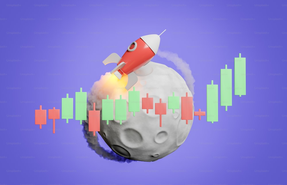 Cohete en la luna con una carta ascendente frente a ella. Concepto de inversión, trading y criptomonedas. a la luna. Renderizado 3D