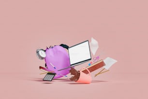 school supplies with laptop and coffee cup floating in the air. concept of education, stress, study and learning. 3d rendering