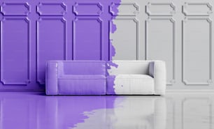 minimalist room with sofa and "Very peri" color paint covering half of it. color of the year 2022. 3d rendering