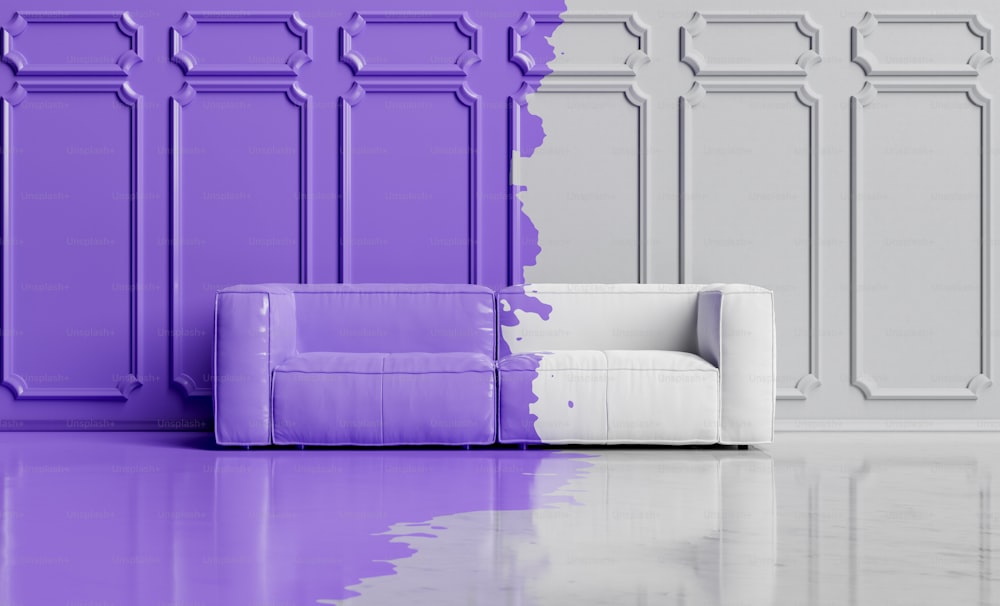 minimalist room with sofa and "Very peri" color paint covering half of it. color of the year 2022. 3d rendering