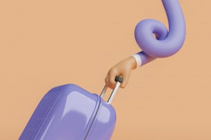 Nahaufnahme eines Koffers mit einem flexiblen Handgeknüpften Cartoon. Konzept von Urlaub, Kurzurlaub, Unsicherheit, Pandemie und Reisen. 3D-Rendering