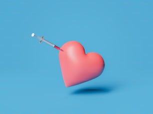 주사기가 꽂혀있는 심장. 발렌타인, 사랑, 건강, 예방 접종 및 예방 접종의 개념. 3D 렌더링