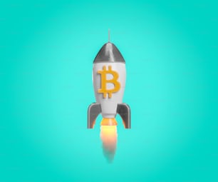 로켓이 이륙하고 파란색 배경에 비트코인 기호가 있는 불의 흔적을 풀어줍니다. 투자, 암호화폐, 거래, 경제 및 미래의 개념. 3D 렌더링