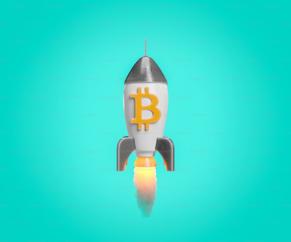 rocket taking off and releasing trail of fire with bitcoin symbol on blue background. concept of investment, cryptocurrencies, trading, economy and future. 3d rendering