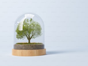 Illustrazione 3D renderizzata dell'albero che cresce sotto la cupola su sfondo blu per il concetto di protezione dell'ambiente e conservazione della natura.