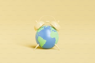 Alarm clock in shape of planet Earth with green continents and blue oceans placed on yellow background in light studio. 3d rendering