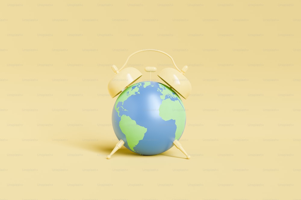 Alarm clock in shape of planet Earth with green continents and blue oceans placed on yellow background in light studio. 3d rendering