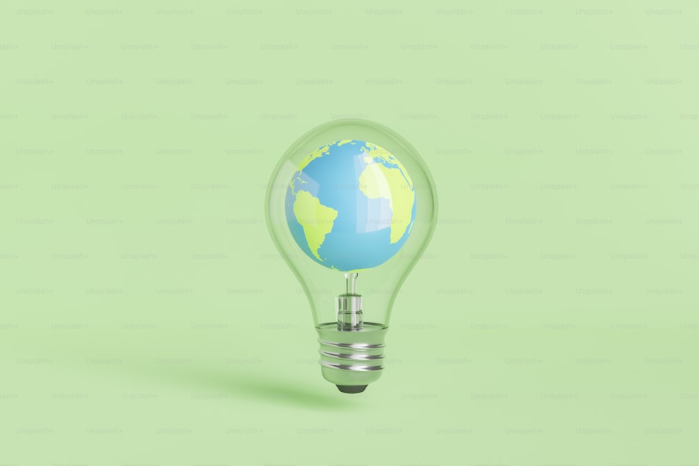 Small round planet Earth with continents and blue oceans in glass light bulb placed on clean green background in studio. 3d rendering