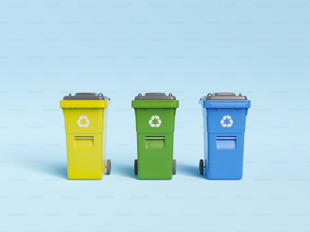 Illustration 3D de bacs de recyclage colorés pour différents types de déchets placés en rangée sur fond bleu