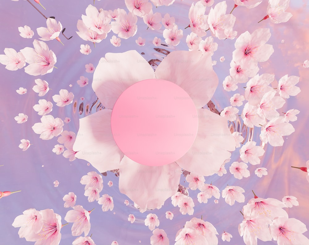 中央に空の円があり、水に落ちる多くの花を持つ桜の上面図。製品スタンド。3Dレンダリング