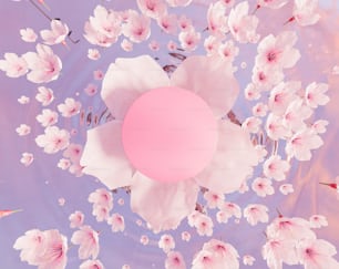 top view of a cherry blossom with an empty circle in the center and many flowers falling on water. product stand. 3d rendering