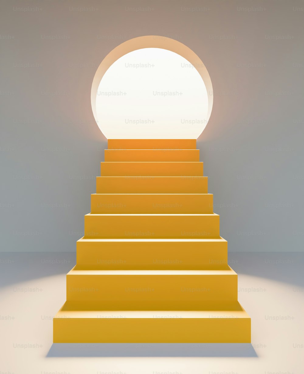 Escaleras amarillas abstractas en frente con una puerta redonda iluminada con resplandor solar. Presentación del producto. Renderizado 3D