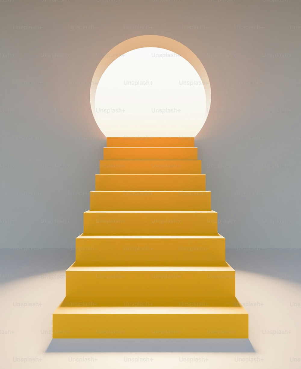 abstract yellow stairs in front with a round door illuminated with sun glare. product presentation. 3d render