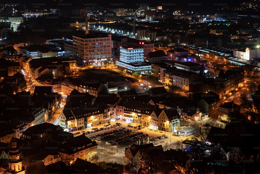 an aerial view of a city at night