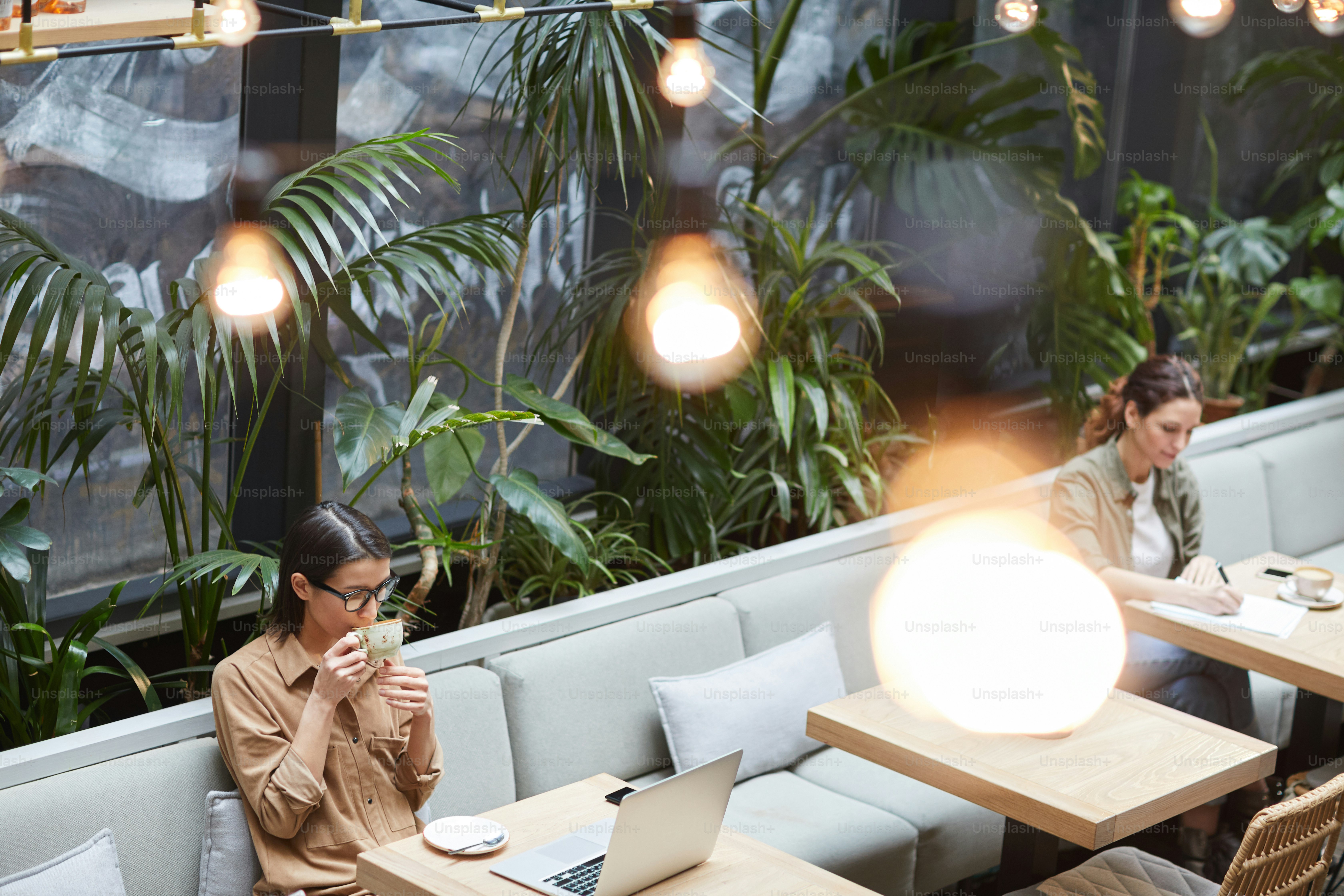 High angle portrait of two young women sitting at separate tables in cafe at outdoor terrace decorated with plants, copy space