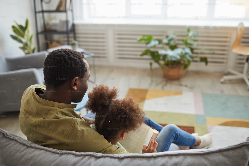 Vista trasera al amoroso padre y la hija afroamericanos sentados juntos en el sofá en el acogedor interior de la casa, espacio de copia