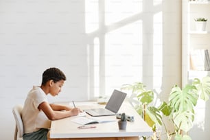 Minimal side view portrait of African American girl using laptop while studying online at home, copy space