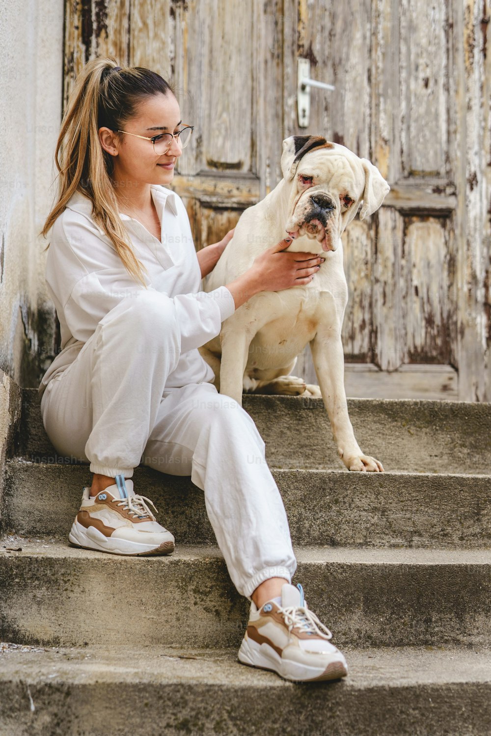 白い犬と遊んで世話をしている日、家の前の階段に座っている若い白人女性 – 友情とペット愛のコンセプト実在の人々の明るい写真の正面図